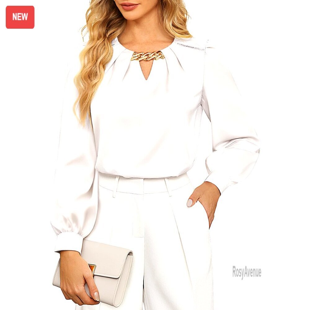 Satin Silk Long Sleeve Blouse with Keyhole Neck, Office Formal Top
